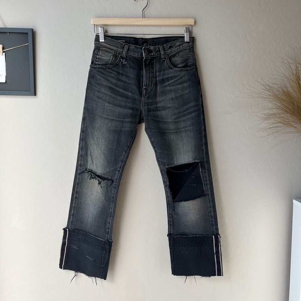 R13 Black Flare Wide Leg Jeans with Distressed Details